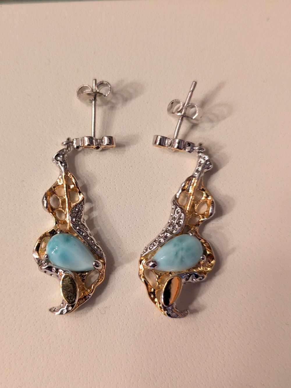 NWOT Elegant Gold and Silver Earrings with Larimar Blue Accents